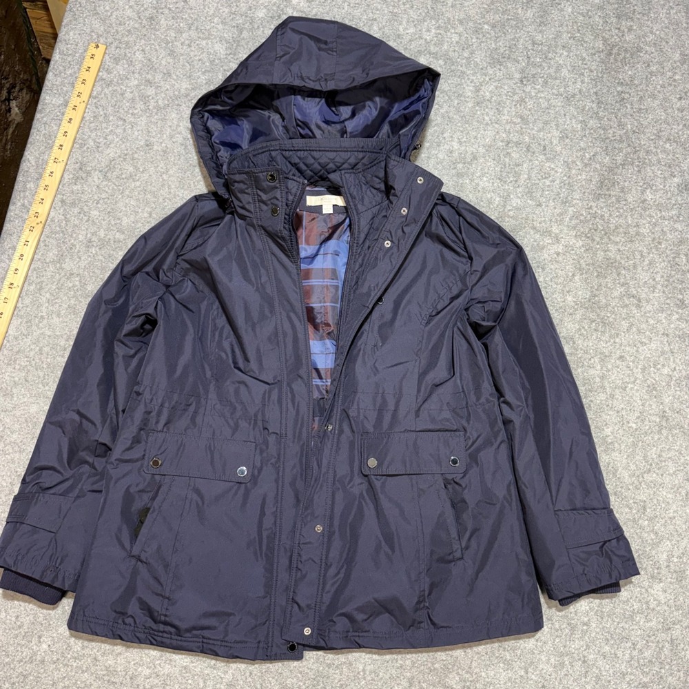 Liz Claiborne New York Navy Blue Hooded Rain Jacket Plaid Lined Large